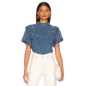 Free People Blue Denim Ruffle Mock Neck Tunic Top Size‎ M